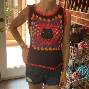 Black, Orange,, Purple, Red Granny Square Too with Red Trim